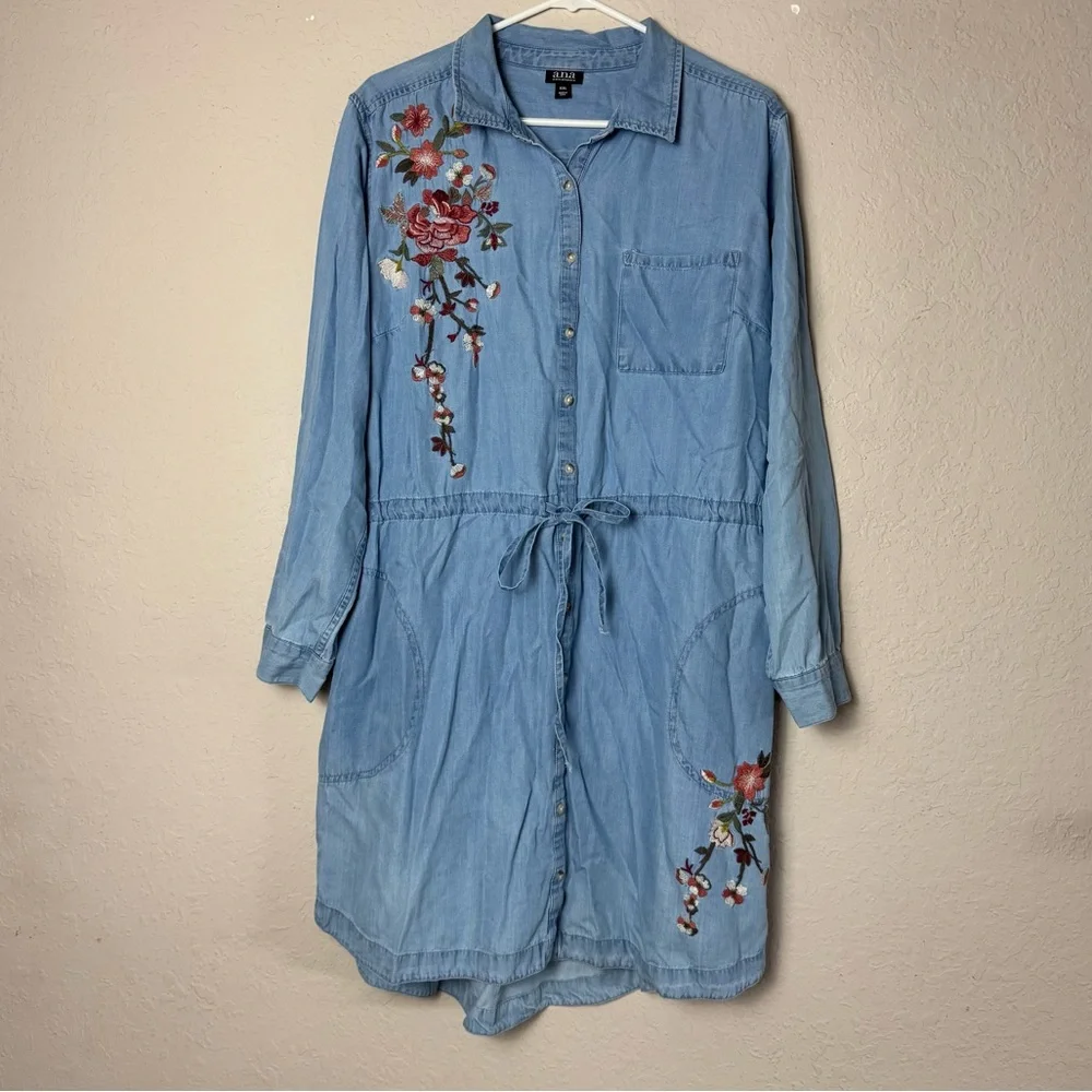 ana Embroidered Chambray Dress Long Sleeve Button Down Waist Tie Size XXL - Picture 2 of 8